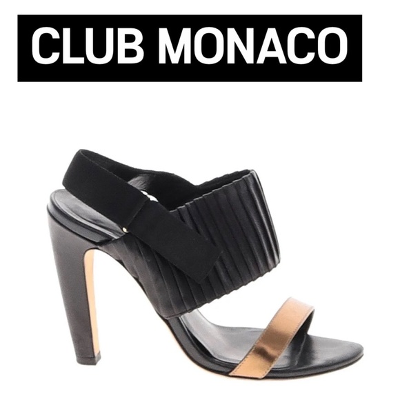 CLUB MONACO ⭐️6 1/2 Cool Looking Heels ! Black pleated Leather with Gold band.♥️ - Picture 2 of 11